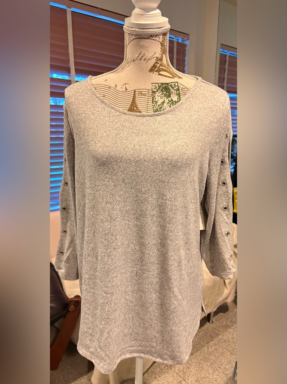 Cozy Heather Gray Button-Sleeve Pullover Top